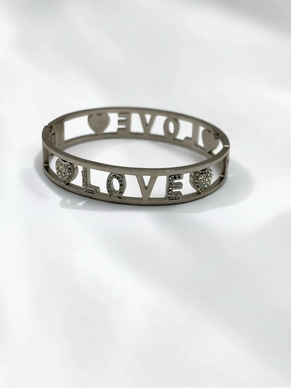 Silver & Crystal Rhinestone LOVE Heart Hinged Cuff Bracelet